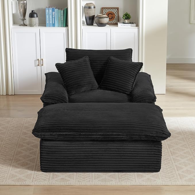 52" Boneless Chaise Lounge – Oversized Chaise Lounge Chair Indoor with Ottoman, Cup Holder & 3 Pillows, Corduroy 3-in-1 Floor Sleeper Chair Bed for Adults, Reading, Napping,Black | Breathable Material