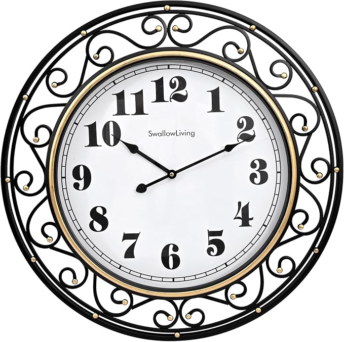 SwallowLiving 24 Inch Vintage Iron Metal Frame Wall Clock Silent, Battery Operated, Elegant Retro Decor for Living Room, Kitchen, Office, Dining Room, and Bedroom