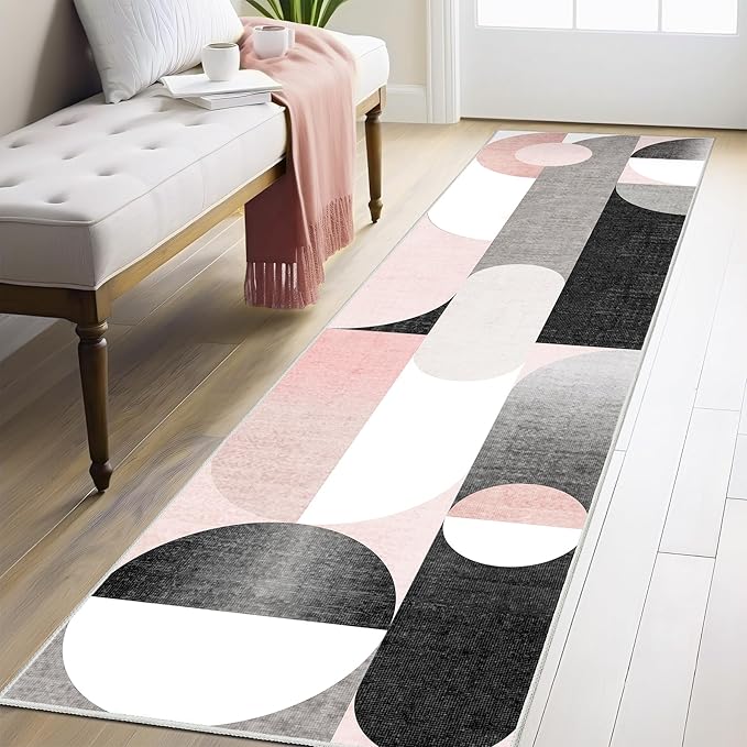 Pink Runner Rug 2x8 Washable Rug Runners for Hallway Kitchen,Long Modern Rugs for Bedroom Entryway Bathroom,Non Slip Floor Carpet,Blush Grey Black