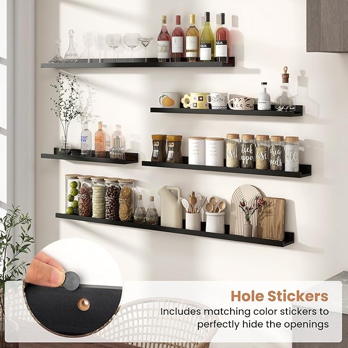 Fun Memories Picture Ledge Shelves Set of 2, 55 Inch Rustic Wall Mounted Floating Shelves with Lip for Home Storage and Décor in Bathroom, Kitchen, Nursery, Bedroom, Living Room, Black