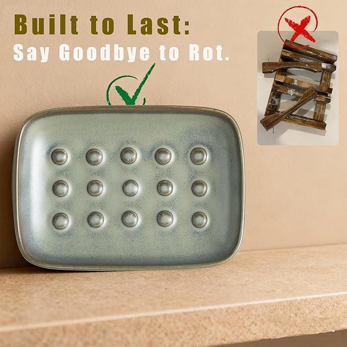Ceramic Soap Dish for Shower, Non-Slip Bar Soap Saver Tray Bar for Bathroom Kitchen Sink Bathtub, Easy to Clean, Raised Pattern - Keep Soap Dry, Dark Green