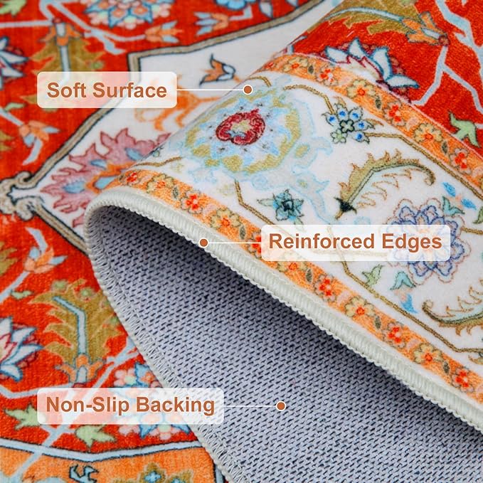 WILLSUN Washable Area Rugs, 5x7 Non-Slip Boho Large Area Rugs for Living Room, Bedroom, Machine Washable Vintage Rug, Indoor Floral Print Carpet for Home Decor, Kid & Pet Friendly Mat