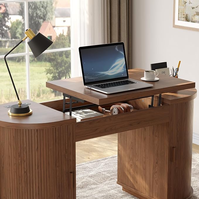 ONBRILL 59 Inches Office Desk with Lift Top, Fluted Executive Desk w/Charging Outlets, Mid-Century Modern Computer Desk with Storage, Curved Study Desk for Work/Study/Writing, Walnut