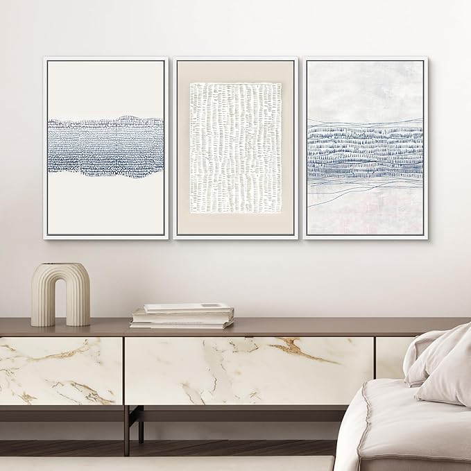 SIGNWIN Framed Canvas Print Wall Art Set Blue White Grunge Geometric Pattern Abstract Shapes Cozy Neutral Modern Art Decorative Contemporary Minimal for Living Room, Bedroom, Office - 24"x36"x3 White