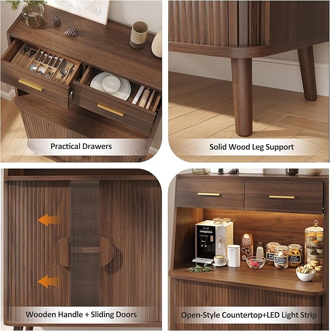Decofy 47.2" Sideboard Buffet Cabinet with LED Light & Sliding Door, Modern Storage Cabinet with Adjustable Shelf &2 Drawers, Coffee Bar for Kitchen, Entryway(Oak) (Walnut)