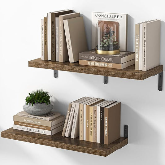 Marsmiles Extra Wide Floating Shelves for Wall, 24x8 Inch Natural Wood Grain Bookshelves, Heavy Duty Mounted Shelving for Bathroom, Kitchen, Living Room, Bedroom,Set of 2，Rustic Brown