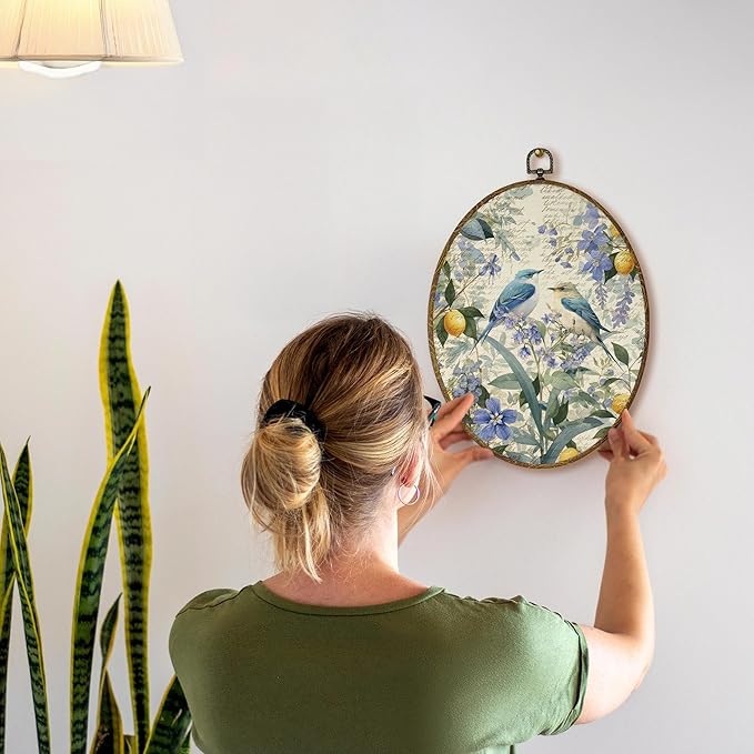 AEHIE Vintage Floral Bird Oval Wall Art Decor, Cottagecore Flower Botanical Lemon Canvas Artwork Framed, Country Bird Floral Picture Oval Wall Art for Home Bedroom Living Room Decor, 11x8.5 Inches