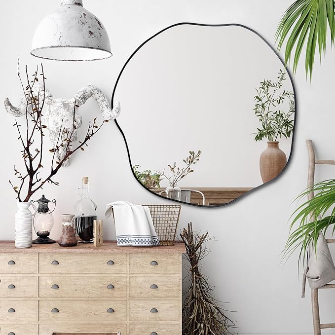 POZINO Irregular Mirror, 30" Large Asymmetrical Wall Mirrors, Scalloped Rounded Mirror, Modern Frameless Abstract Mirrors for Living Room Bedroom Bathroom Entryway Hallway Fireplace