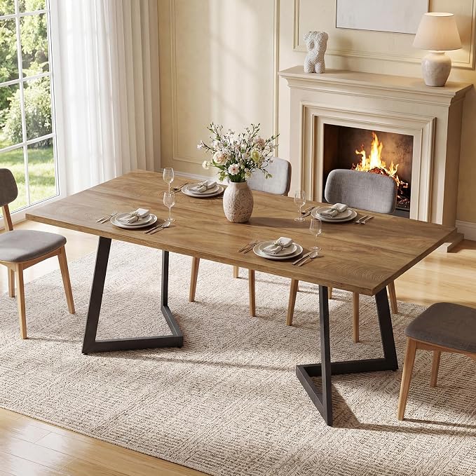 Tribesigns 62.2" Farmhouse Dining Table for 4-6, Industrial Rectangular Kitchen Dinner Table with Heavy-Duty Metal Legs for Home, Dining Room, Kitchen, Easy Assembly (Rustic Brown＋Black)