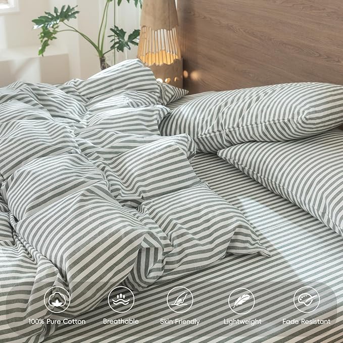 MooMee Striped Duvet Cover Set 100% Washed Cotton Linen Like Textured Breathable Durable Soft Comfy (Heathered Green Classic Stripes, Oversized King Plus 128"x120")