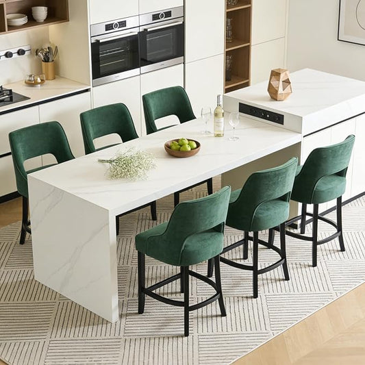 ClinQ Bar Stools Set of 6, 26" H Counter Height Bar Stools with Backs, Modern Upholstered Accent Barstools with Curved Footrest for Kitchen Island, Dining Room and Bar, Green-Black Legs