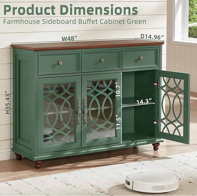 Large Sideboard Buffet Cabinet with Storage,48" Credenza with 3 Glass Doors & 3 Drawers,Adjustable Shelves Coffee Bar,Wood Kitchen Console Table for Dining Room,Living Room,Green