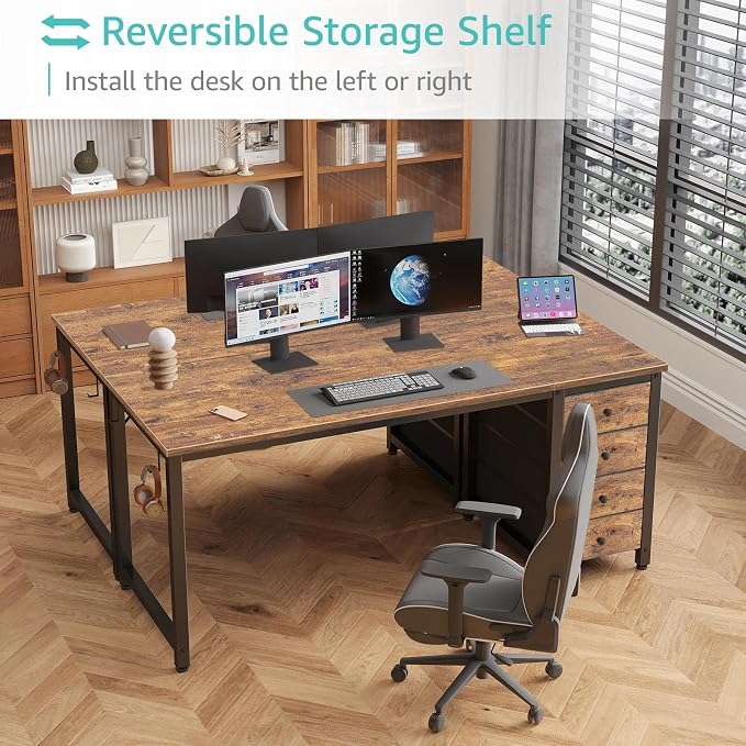 Lufeiya Computer Desk with Drawers - 55 Inch Long Study Work Writing Desk for Home Office Bedroom, Reversible Simple Modern Cute PC Desks with Fabric Drawer, Rustic Brown