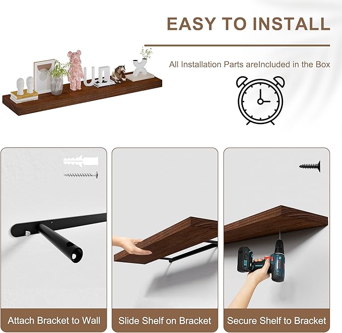 Floating Shelves for Wall, 12x60 Inch Extra Long Walnut Wood Wall Mounted Shelves, Set of 2 with Invisible Brackets for Living Room, Bedroom, Kitchen, Modern Farmhouse Decor