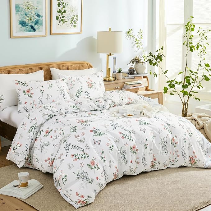 Floral King Duvet Cover, 100% Cotton 3 Pieces Floral Bedding Sets with Zipper Closure Vintage Style Garden Comforter Cover, Soft Breathable, Lightweight