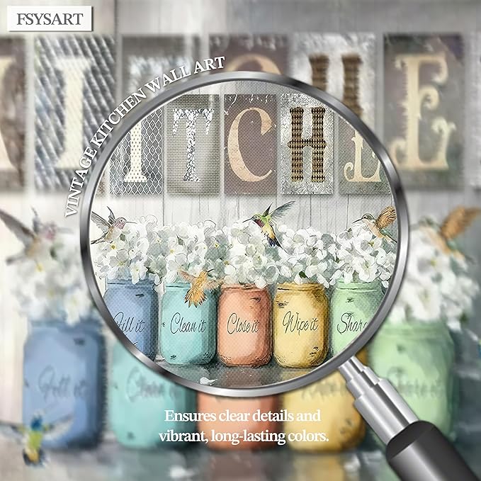 Framed Vintage Kitchen Canvas Wall Art, Retro Letter Signs with Colorful Jars, Florals and Birds Prints, Rustic Farmhouse Wood Grain Poster, Cottagecore Wall Decor for Kitchen Dining Room, 16x24in