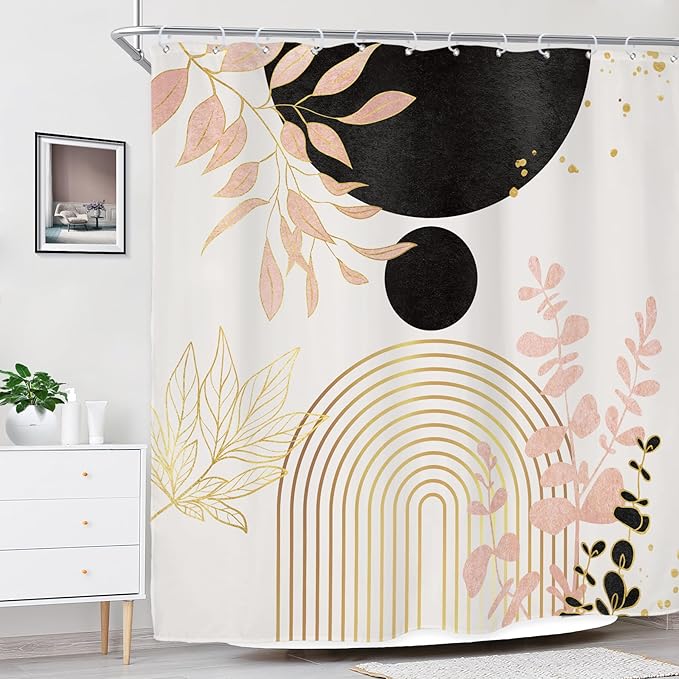 Riyidecor Black and Pink Mid Century Boho Shower Curtain for Bathroom Decor 72Wx72H Bohemian Modern Arch Leaves Plants Gold Eucalyptus Art Printed Fabric Polyester Waterproof 12 Pack Plastic Hooks