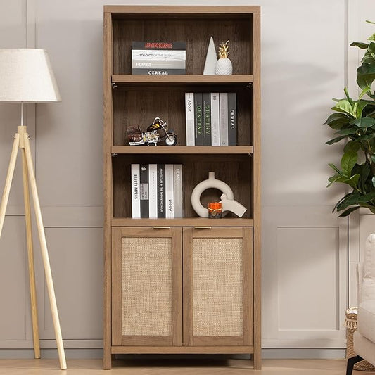 SICOTAS Bookcase 71" Tall Bookshelf 5 Tier Rattan Boho Bookcase with Doors Storage Large Book Case Shelf Farmhouse Bookshelves Library Book Shelves for Living Room Bedroom Home Office Kitchen