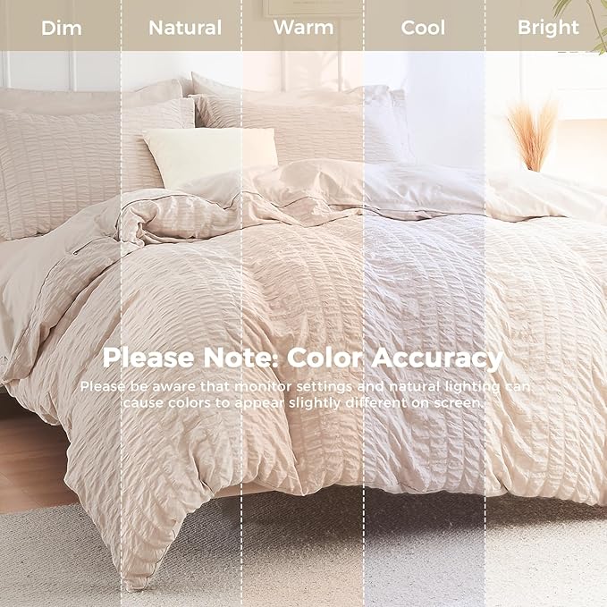 HYMOKEGE Beige Twin Comforter Set Seersucker 5 Pieces, All Season Luxury Bed in a Bag for Bedroom, Bedding Set with Comforters, Sheets, Pillowcase & Sham