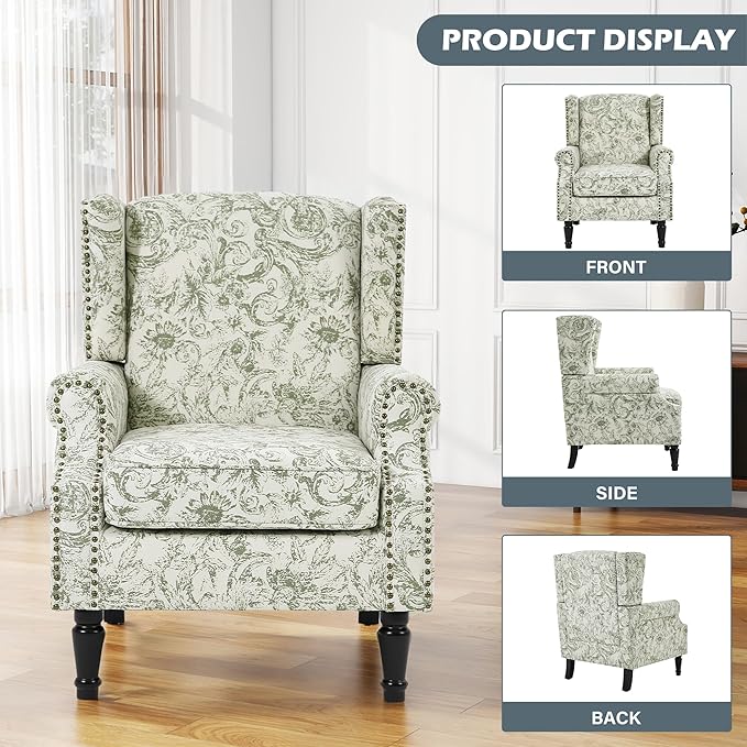 High Back Accent Chair, Fabric Upholstered Armchair for Living Room, Floral Printed Wingback Arm Chair with Solid Wood Legs, Retro Nailhead Trim Single Sofa Bedroom Reading Seat - Rococo Green
