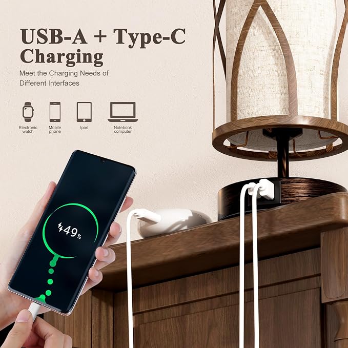 N10-2 Farmhouse Table Lamp Dimmable Touch Control Plug in Lamps Linen Rustic Desk Lamp IImitation Wood Metal Base Vintage Nightstand Table Lamp with USB Port for Bedroom Bedside (Bulb Included)