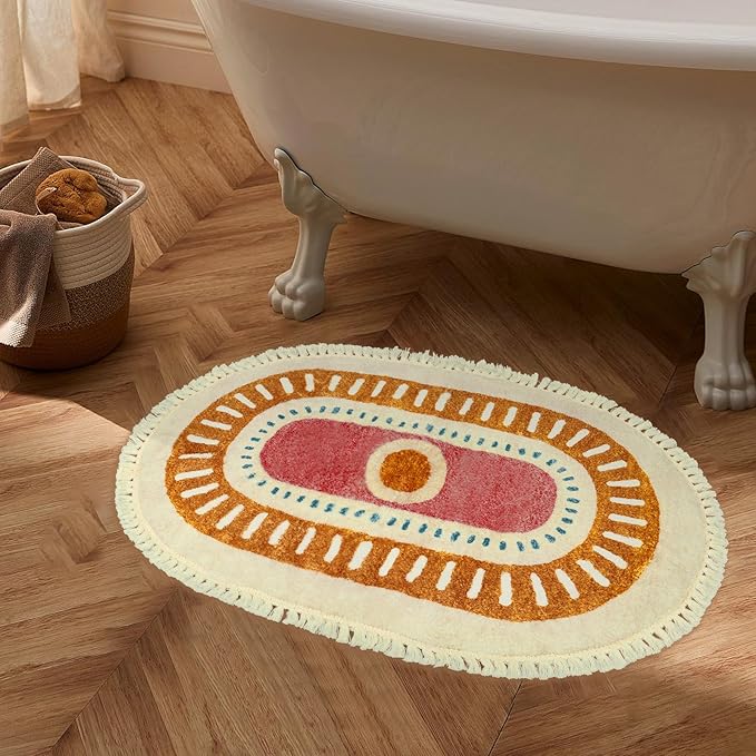 Lukinbox Boho Bathroom Rugs with Fringes, 2x3 Small Oval Washable Sun Area Rug for Bedroom, Ultra Soft Non-Slip Rainbow Throw Rug for Kids Room Nursery Entryway Kitchen