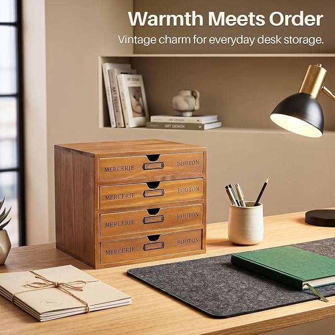 Flexzion Wood Desktop Organizer with Drawers, Desktop Storage Drawers Wood Cabinet, 4-Drawer Wooden Card Catalog Cabinet for Office, Crafts, Jewelry, Stationery, Vintage Brown