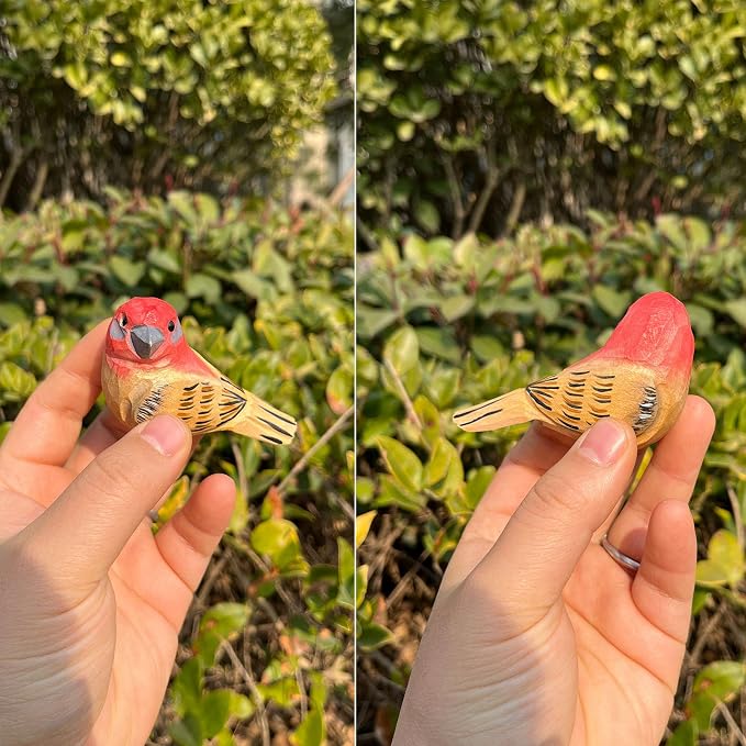 H&Zebrabro Hand Carved Bird Figurines, Hand-Painted Sculpted Wooden Birds, Wood Bird Sculptures for Home Decoration, Hand Crafted Life Like Bird Statues, Ideal Gifts for Bird Lovers (House Finch)