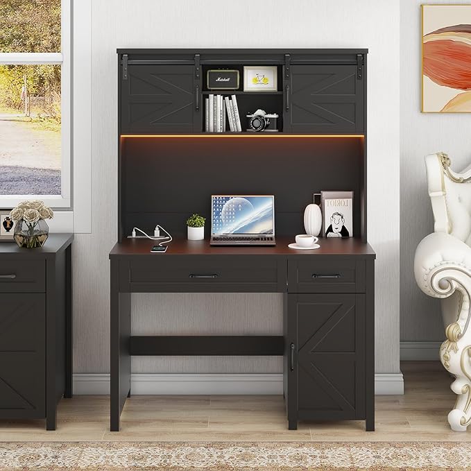 Vabches Farmhouse 47" Executive Desk, Computer Desk with 2 Drawers, Storage Cabinet and LED Light,Charging Hub, Home Office Desk with Hutch, Workstation for Home Office and Study(Pure Black