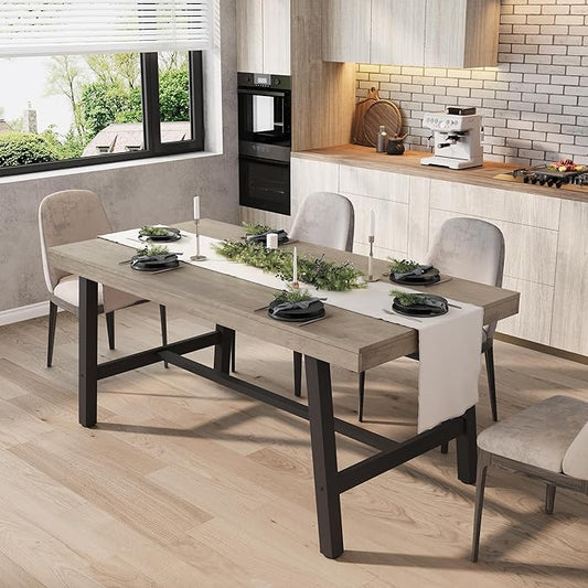 GarveeHome Industrial Dining Table for 4-6 People, 63" Long Wooden Kitchen Table with Sturdy Metal Frame & Grey Finish - Seats 4 Rectangular Counter for Dinner, Kitchen, Dining Room - Grey