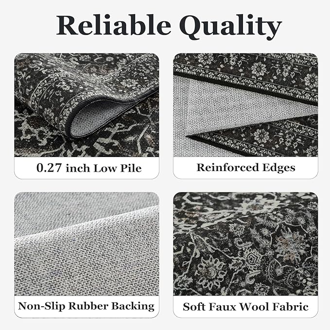 Dark 4x5 Area Rugs, Washable Throw Rugs with Rubber Backing for Kitchen Entryway, Low Pile Thin Throw Carpet Rug for Foyer/Nursery/Home Office/Living Room, Vintage Farmhouse Midnight