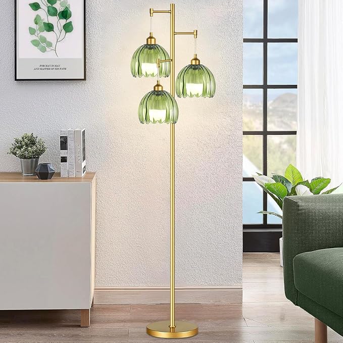 ZECOXOL Gold Floor Lamps for Living Room Bedroom-3 Light Glass Floor Lamp with Three Led Bulb, Rustic Tall Floor Lamp Gold Standing Lamp Tree Floor Lamps for Living Room Bedroom,Office,Corner