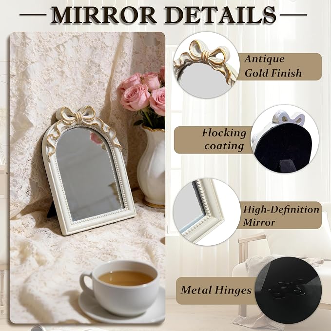 Vintage Carved Resin Desk Mirror - 8x6Inch Decorative Vanity Mirror for Makeup, Dorm, Bedroom & Tabletop Deco