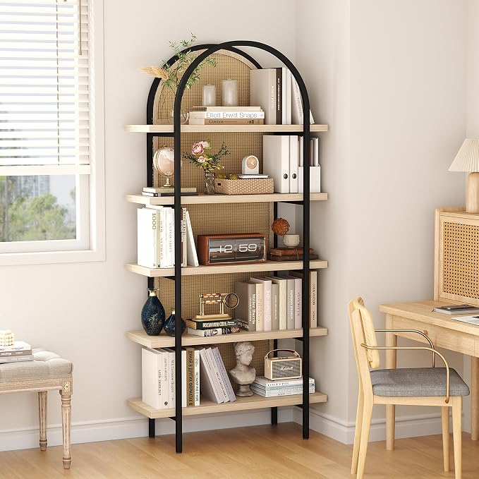 Yusong Bookshelf Rattan 5 Tier Arched Bookcase, 74" Tall Industrial Open Book Shelves for Living Room, Modern Freestanding Display Shelving Boho Storage Rack with Metal Frame for Office, Brown