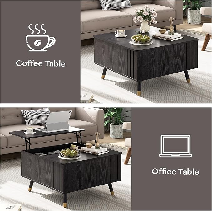 32" Square Lift Top Coffee Table with Storage, Modern Black Center Table for Living Room, Minimalist Wood Cocktail Table with Rising Desktop, Home Office
