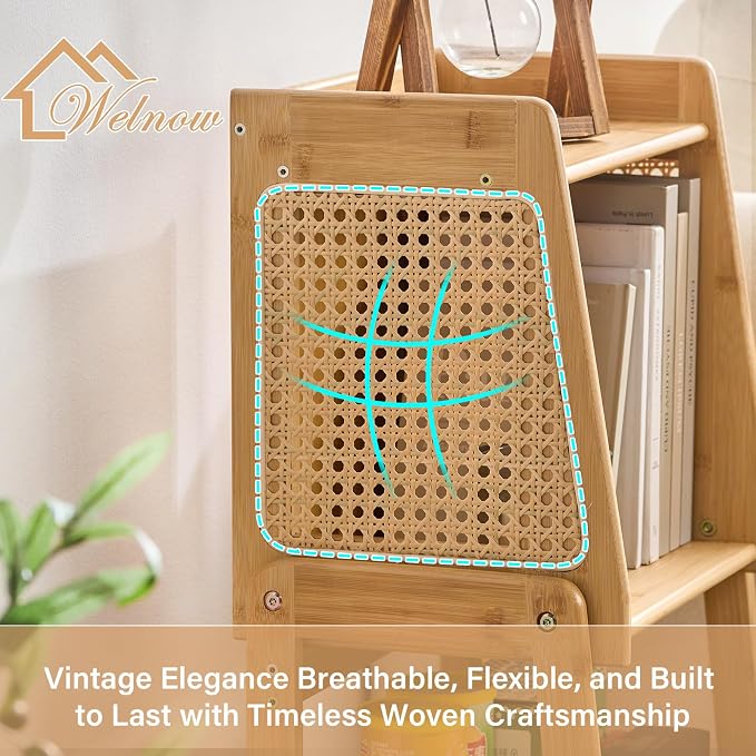 Welnow Bamboo Rattan Bookcase with Cabinet, 3-Tier Storage Shelf with Side Table & End Table Function, Large Modern Wood Organizer for Living Room or Bedroom, Natural Bookshelf