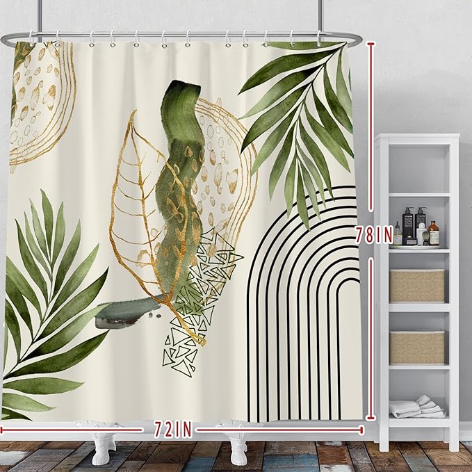Baocicco Boho Shower Curtain Green Gold Leaves Modern Abstract Geometric Minimalist Shower Curtains Decorative for Bathroom Waterproof Fabric Shower Curtain with Hooks 72x78 Inches