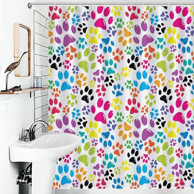 Dog Print Shower Curtain Cute Colorful Dogs Paws Duty Fabric Shower Curtains Set Bathroom Polyester Waterproof with 12 Hooks, 55x72Inch（140x183cm）