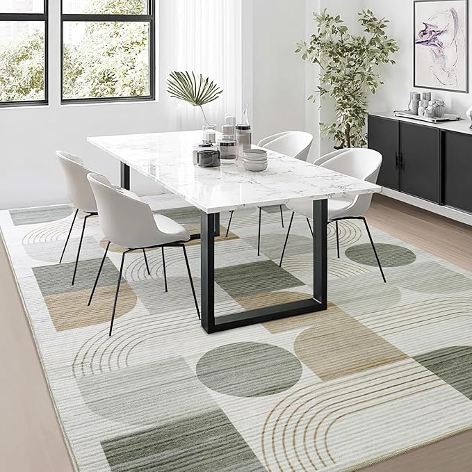 Large Machine Washable 5x7 Area Rug, Soft Modern Geometric Abstract Beige Rugs for Bedroom Living Room, Non-Shedding Faux Wool Indoor Throw Floor Carpet for Office Entryway Dining Room Decor