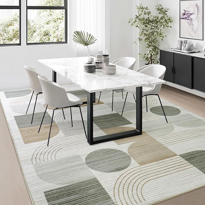 Large Machine Washable 6x9 Area Rug, Soft Modern Geometric Abstract Beige Rugs for Bedroom Living Room, Non-Shedding Faux Wool Indoor Throw Floor Carpet for Office Entryway Dining Room Decor