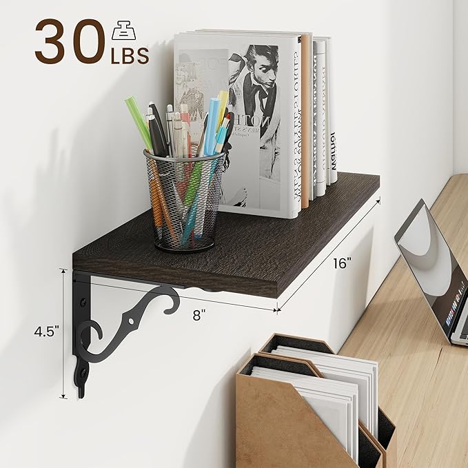 RICHFOCUS Floating Shelves for Wall Decor, 8 Inch Deep Shelves Set of 2, 16W x 8D Floating Shelves Wall Mounted with Metal Brackets, Rustic Wood Shelves for Living Room Bedroom Kitchen, Black