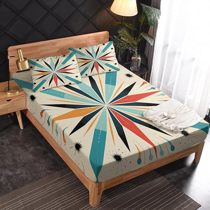 Starburst Bed Sheets Split King Size, Mid Century Modern Sheet Set, Soft Microfiber Deep Pocket Wrinkle Free Fitted Sheet & Flat Sheet & Pillowcase Sets, Retro Abstract Bedding Sheets - 5 Piece