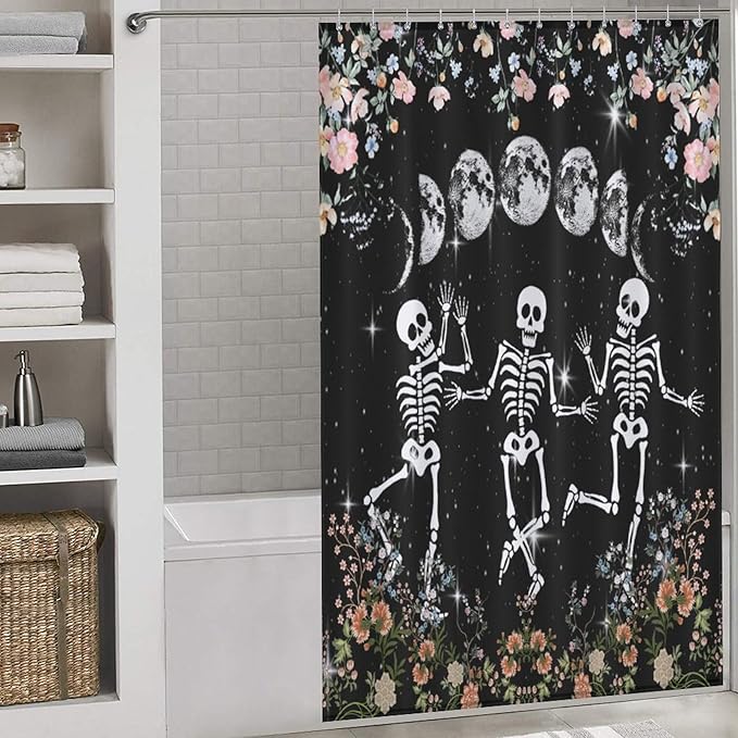 Skull Skeleton Flower Moon Shower Curtain Gothic Moon Phase Scary Horror Black Spooky Flower Holiday Waterproof Shower Curtains for Bathroom Decor 12 Pack Hooks 55x72in（140x183cm）