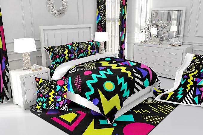 80s 90s Bedding Set Memphis Pattern Old Fashioned Comforter Cover King,Geometric Abstract Colorful Dots Funky Duvet Cover Retro Bed Set,Multicolor Cute Vintage Rainbow 80'S Style 1980S Home Decor