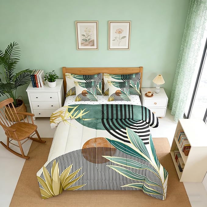 Erosebridal 7 Piece Boho Mid Century Bedding Sets King Modern Abstract Geometric Comforter Set for Women Men,Retro Minimalist Aesthetic Bed in a Bag Line Art Sheet Set with Comforter,Green