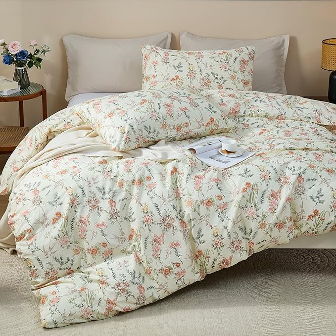 100% Cotton Duvet Cover King Size – Vintage Botanical Floral Duvet Cover Set with Zipper Closure, 3-Piece Soft Breathable Natural Premium Cotton Bedding Set for All Seasons