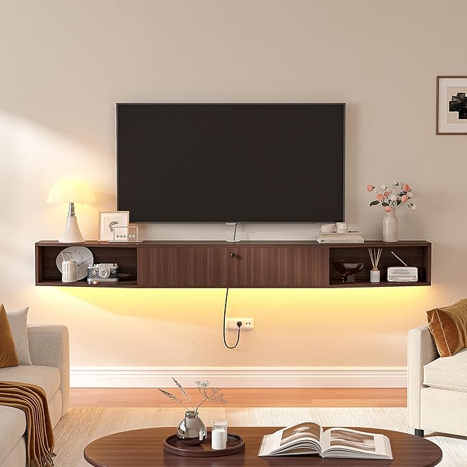 70inch Floating TV Stand, Plywood Wall Mounted Media Console with 1 Flip Down Door & 4 Open Shelves, Modern Floating Entertainment Center with Wire Management for Living Room, Walnut