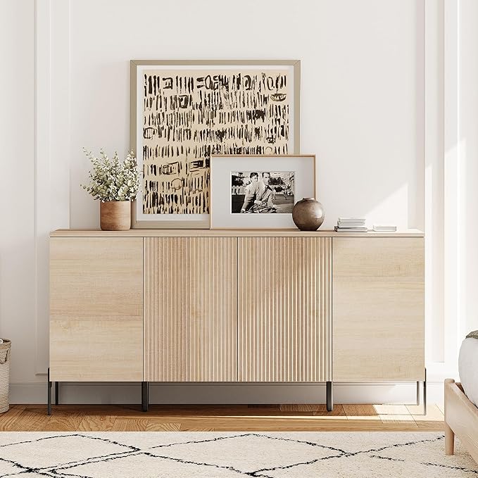 WAMPAT 61.5" Large Sideboard Cabinet with Storages,Fluted Buffet Cabinet with Storage,Modern Buffet Table Coffee Bar Wine Bar Storage Organizer with 4 Doors for Kitchen, Dining Room, Hallway, Beige