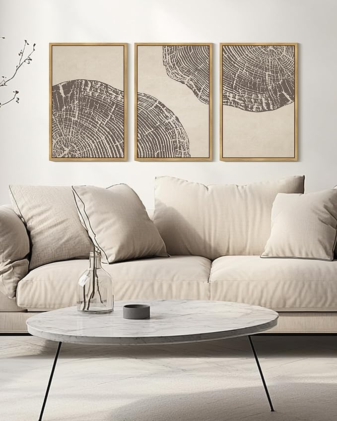 KUVIOKE Framed Tree Rings Wood Wall Art Modern Retro Beige Wood Stump Wall Decor Nature Rustic Art Print for Farmhouse Living Room Bedroom 16x24in (Natural Framed)
