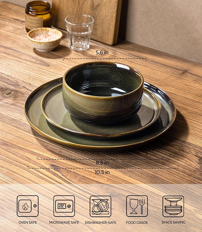 TheTerra Ceramic Dinnerware Sets for 8, 24 Pieces Handmade Reactive Glaze Plates and Bowls Set, Scratch Resistant Dish Set, Oven & Microwave & Dishwasher Safe, Olive Green